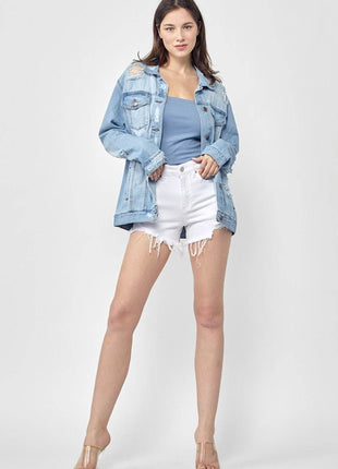 RISEN Full Size Distressed Long Sleeve Denim Jacket - MimiStylez