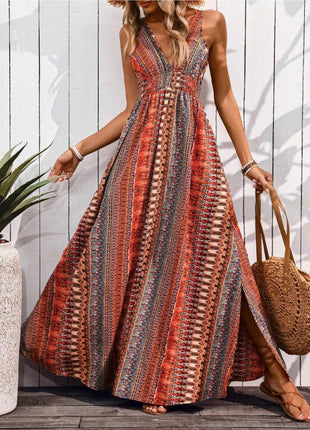Tied Back Printed Sleeveless Maxi Slit Dress - MimiStylez