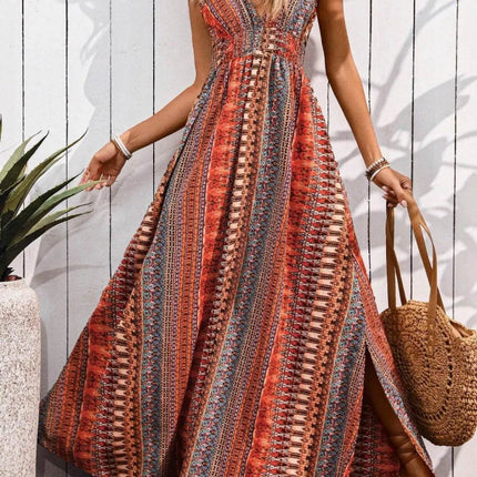 Tied Back Printed Sleeveless Maxi Slit Dress - MimiStylez