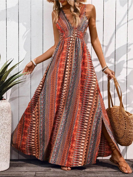 Tied Back Printed Sleeveless Maxi Slit Dress - MimiStylez