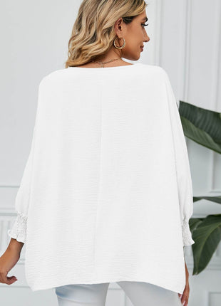 Smocked Lantern Sleeve Round Neck Blouse - MimiStylez