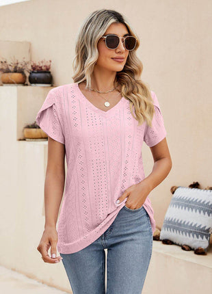 Eyelet Petal Sleeve V-Neck Knit Top - MimiStylez
