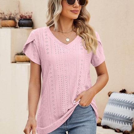 Eyelet Petal Sleeve V-Neck Knit Top - MimiStylez