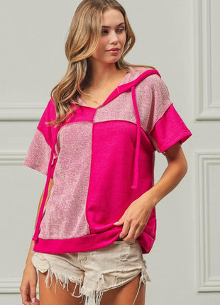 BiBi Color Block Exposed Seam Short Sleeve Hooded Top - MimiStylez