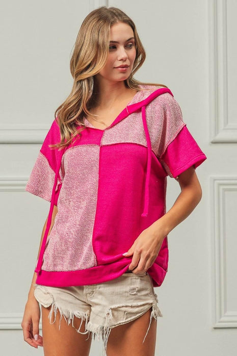 BiBi Color Block Exposed Seam Short Sleeve Hooded Top - MimiStylez