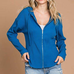 Culture Code Full Size Ribbed Zip Up Drawstring Hooded Jacket - MimiStylez
