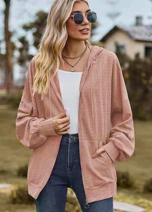 Drawstring Zip Up Dropped Shoulder Hoodie - MimiStylez