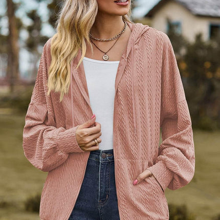 Drawstring Zip Up Dropped Shoulder Hoodie - MimiStylez