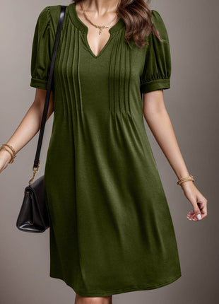 Pin-Tuck Notched Short Sleeve Dress - MimiStylez