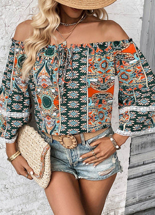 Printed Frill Trim Off-Shoulder Blouse - MimiStylez