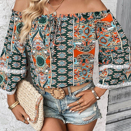 Printed Frill Trim Off-Shoulder Blouse - MimiStylez