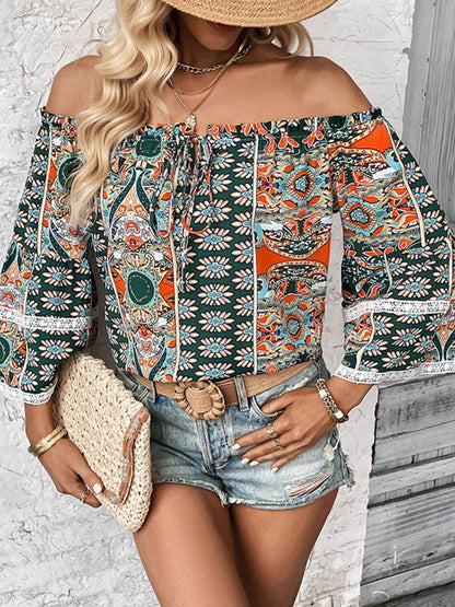 Printed Frill Trim Off-Shoulder Blouse - MimiStylez
