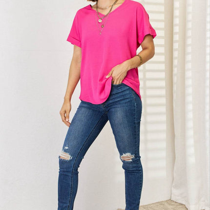 Zenana V-Neck Rolled Short Sleeve T-Shirt - MimiStylez