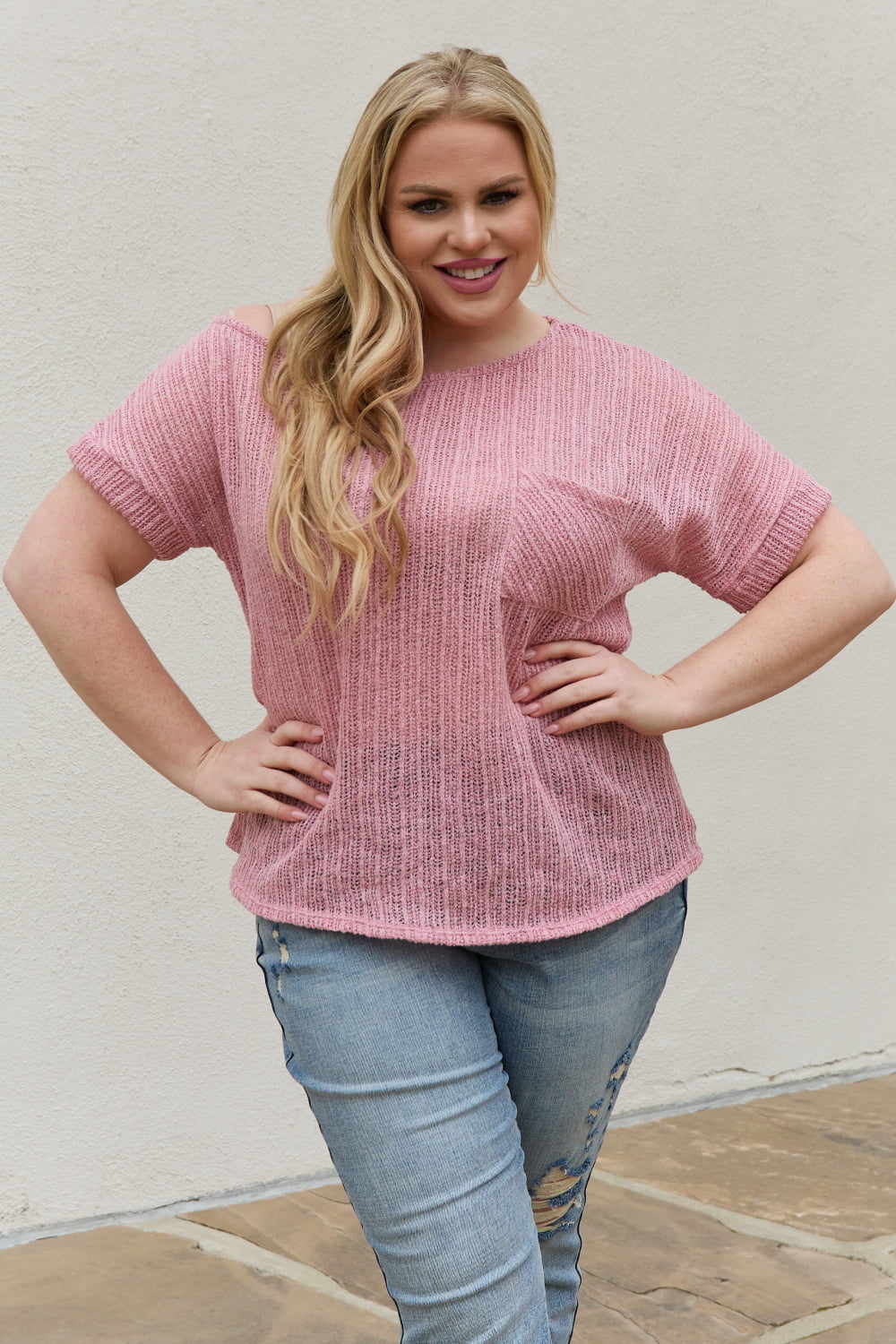 Full Size Chunky Knit Short Sleeve Top in Mauve