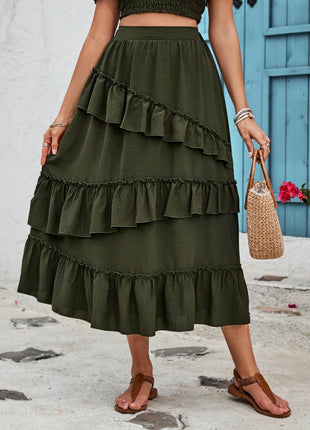 Ruffled Elastic Waist Midi Skirt - MimiStylez
