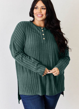 Basic Bae Full Size Ribbed Half Button Long Sleeve High-Low T-Shirt - MimiStylez