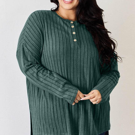 Basic Bae Full Size Ribbed Half Button Long Sleeve High-Low T-Shirt - MimiStylez