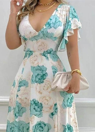 Plus Size Floral Print V-Neck Maxi Dress with Flutter Sleeves - MimiStylez
