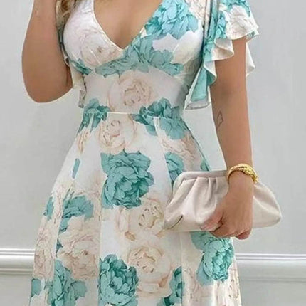 Plus Size Floral Print V-Neck Maxi Dress with Flutter Sleeves - MimiStylez