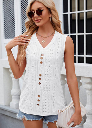 Decorative Button Eyelet V-Neck Tank - MimiStylez