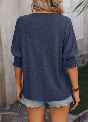 Heathered Notched Lantern Sleeve Blouse - MimiStylez