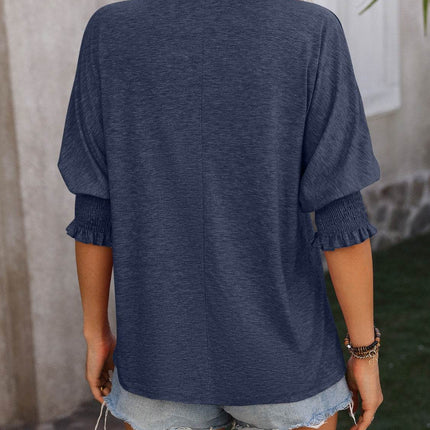 Heathered Notched Lantern Sleeve Blouse - MimiStylez