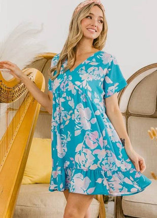 BiBi Floral Crinkle Shirred Ruffle Detail V Neck Dress - MimiStylez