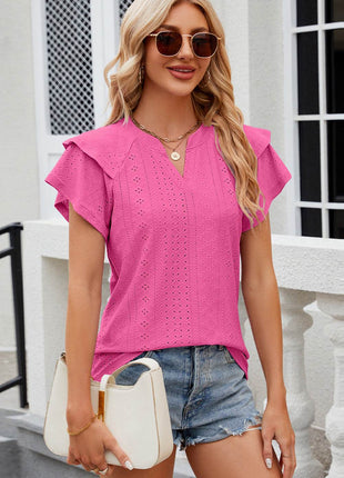 Eyelet Notched Flutter Sleeve T-Shirt - MimiStylez