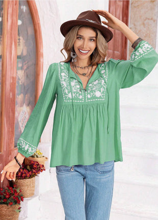 Floral Tie Neck Balloon Sleeve Blouse - MimiStylez
