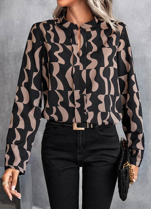 Printed Notched Long Sleeve Blouse - MimiStylez