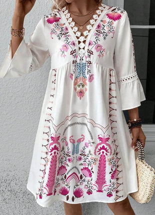 Lace Detail Printed Three-Quarter Sleeve Dress - MimiStylez