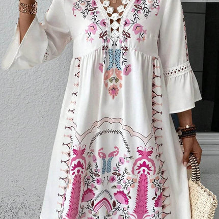 Lace Detail Printed Three-Quarter Sleeve Dress - MimiStylez