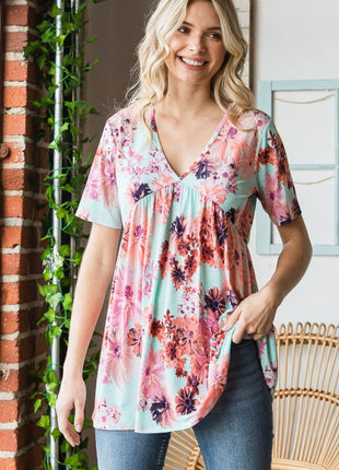 Heimish Full Size Floral V-Neck Short Sleeve Babydoll Blouse - MimiStylez
