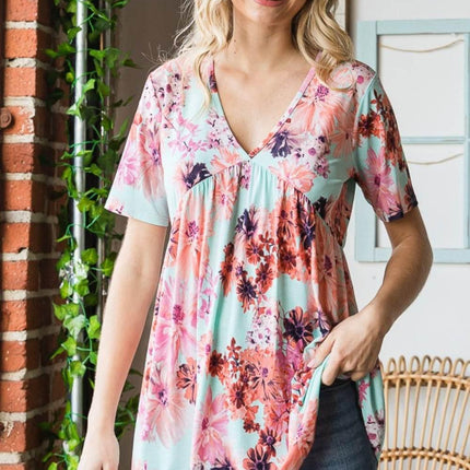 Heimish Full Size Floral V-Neck Short Sleeve Babydoll Blouse - MimiStylez