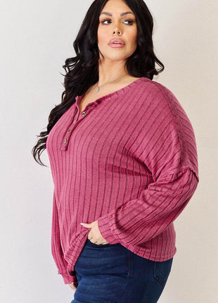 Basic Bae Full Size Ribbed Half Button Long Sleeve High-Low T-Shirt - MimiStylez