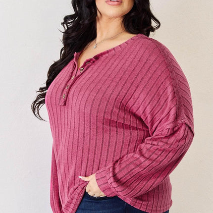 Basic Bae Full Size Ribbed Half Button Long Sleeve High-Low T-Shirt - MimiStylez