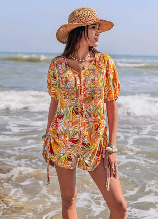 Smocked Printed Tie Neck Romper - MimiStylez