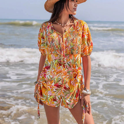 Smocked Printed Tie Neck Romper - MimiStylez