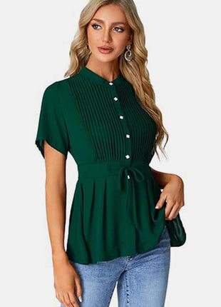 Tied Round Neck Short Sleeve Blouse - MimiStylez