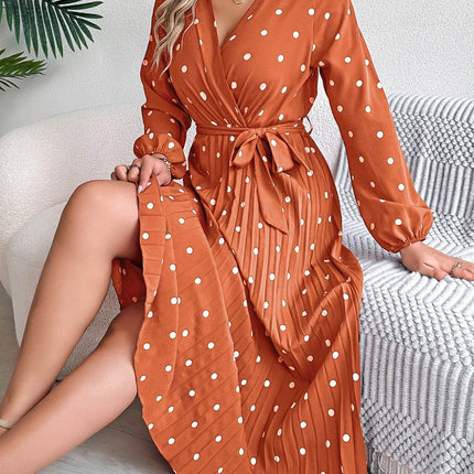 Tied Polka Dot Long Sleeve Midi Dress - MimiStylez