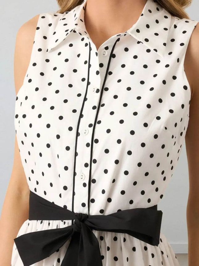 Polka Dot Sleeveless Midi Shirt Dress - MimiStylez