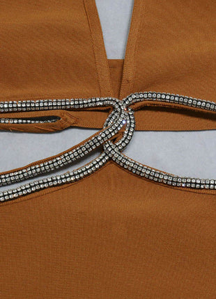 Rhinestone Halter Neck Cutout Slit Midi Dress - MimiStylez