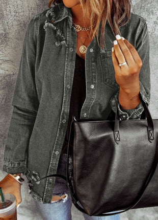 Distressed Raw Hem Snap Down Denim Jacket - MimiStylez