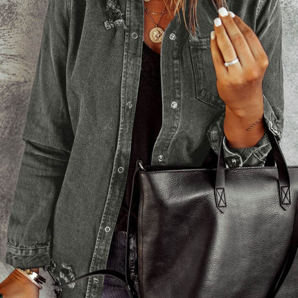 Distressed Raw Hem Snap Down Denim Jacket - MimiStylez