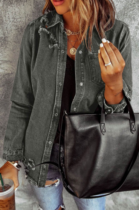 Distressed Raw Hem Snap Down Denim Jacket - MimiStylez