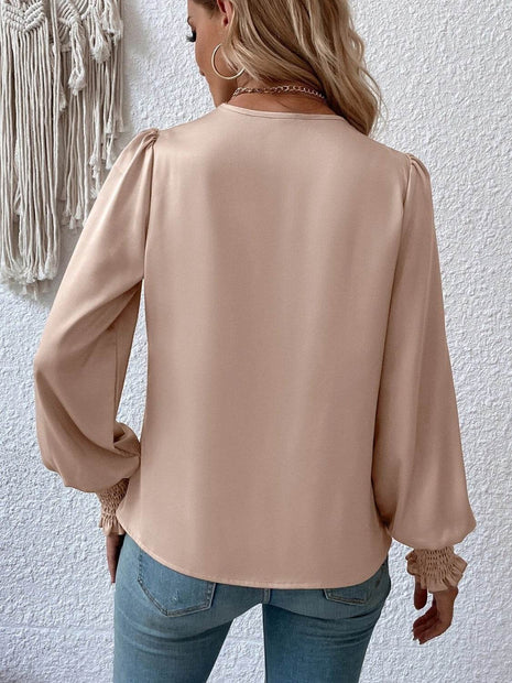 Surplice Smocked Lantern Sleeve Blouse - MimiStylez