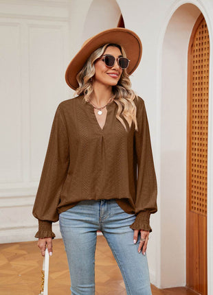 Notched Neck Flounce Sleeve Blouse - MimiStylez