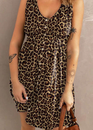 Double Take Printed Scoop Neck Sleeveless Buttoned Magic Dress with Pockets - MimiStylez