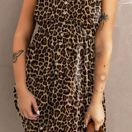 Double Take Printed Scoop Neck Sleeveless Buttoned Magic Dress with Pockets - MimiStylez