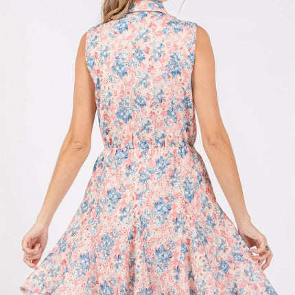 GeeGee Full Size Floral Eyelet Sleeveless Mini Dress - MimiStylez